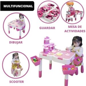 MESA DE BLOQUES DE CONSTRUCCIÓN ROSA - MULTIFUNCIONAL 3 EN 1